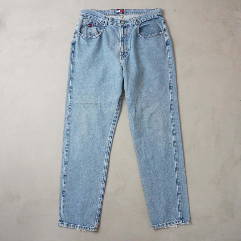 Vintage Tommy Hilfiger Jeans 34x32 Mens 90s Light Wash Straight Leg Denim Logo